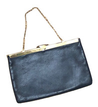 Vintage 60&#39;s ETRA Navy Blue Genuine Leather Envelope Clutch Bag Gold Trim Purse - £22.78 GBP