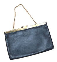 Vintage 60&#39;s ETRA Navy Blue Genuine Leather Envelope Clutch Bag Gold Trim Purse - £22.92 GBP