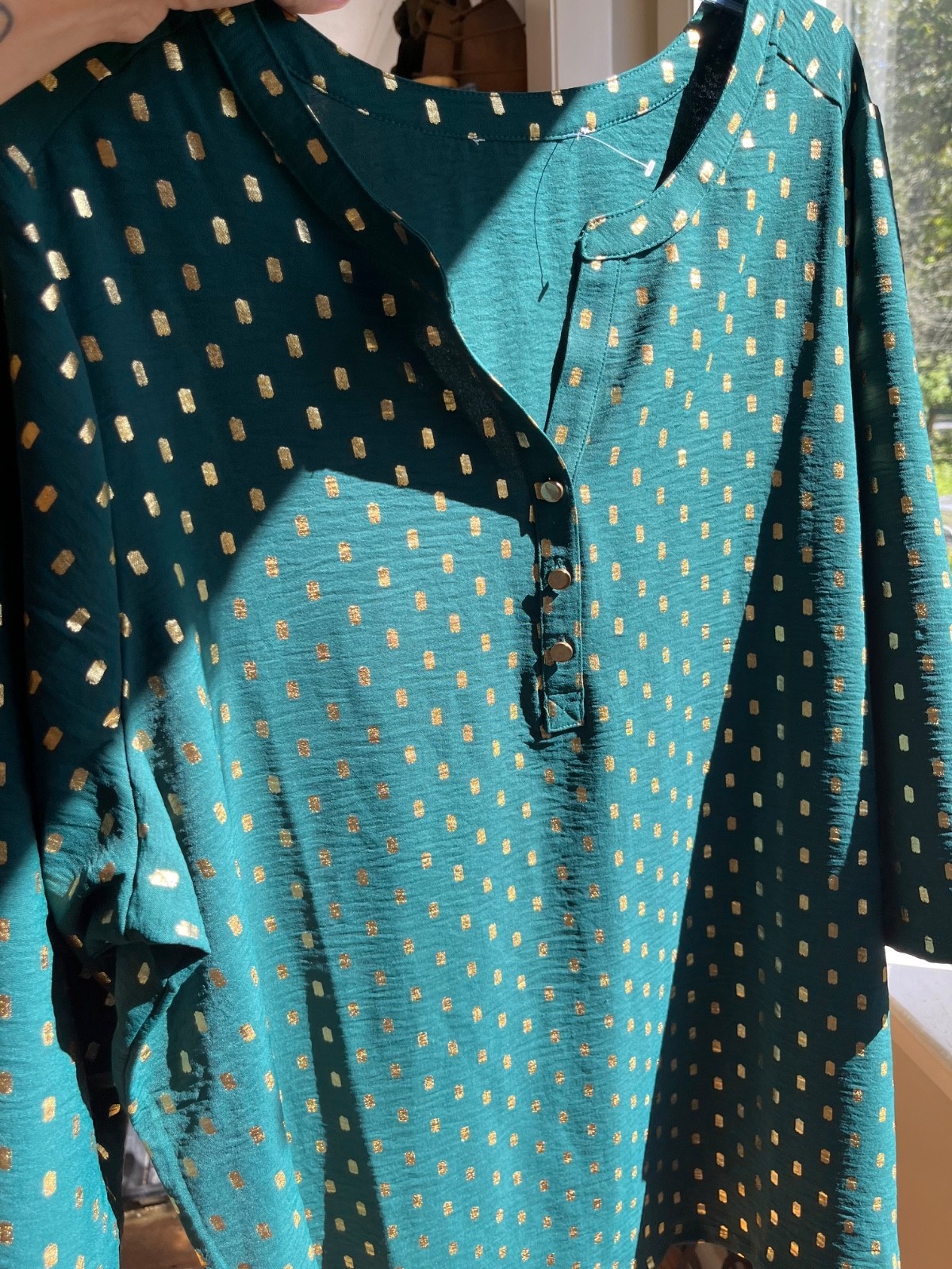 Sz XL Green Gold Glitter Dots Open Split Buttoned V Neck Pullover Blouse Item image 4