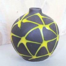 Vintage MCM Brown Pottery Bud Vase with Yellow Design 3 x 3 Inches - £18.55 GBP