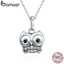 BAMOER Authentic 100% 925 Sterling Silver Animal Cute Owl Necklace Women Pendant - £19.50 GBP