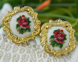 Vintage Earrings Needlepoint Embroidered Flowers Roses Austria Petit  - £15.88 GBP
