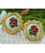 Vintage Earrings Needlepoint Embroidered Flowers Roses Austria Petit  - $19.95