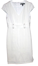 Women&#39;s WHBM Dress Size 0 Solid White V-Neck Faux Belted Midi Lined - £21.23 GBP