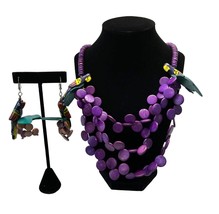 Wood Bead Necklace with Earrings Set Parrots Jungle Purple Chunky Vintag... - £25.16 GBP