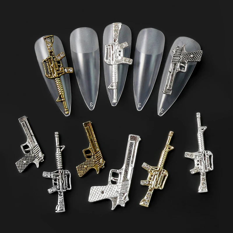 10Pcs/Lot 3D Alloy Punk Pistol Gun Nail Art Charms Metal Retro Gold/Silver Gun - £6.98 GBP+