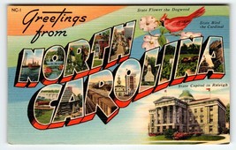 Greetings From North Carolina Large Letter Linen Postcard Cardinal Bird ... - $9.98