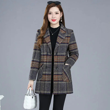 Plaid Woolen Jacket 5xl Autumn Winter Female Thicken Slim Middle length Outwear  - £75.83 GBP+