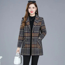 Plaid Woolen Jacket 5xl Autumn Winter Female Thicken Slim Middle length Outwear  - £71.75 GBP+