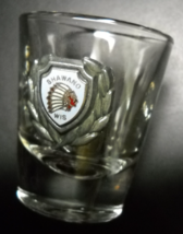 Shawno Wisconsin Shot Glass Metal and Blue Gold Red Indian Logo on Clear Glass - £5.48 GBP