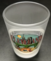 Cleveland Ohio Shot Glass Colorful Rock &#39;n Roll Illustrations on Frosted Glass - £5.58 GBP