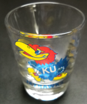 University of Kansas Jayhawk Shot Glass Red Blue Gold Jayhawk on Clear Glass - £5.58 GBP