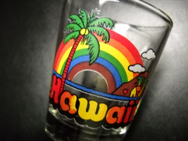 Hawaii Shot Glass Island Setting Palm Tree Under Bright Multi Colored Rainbow - £5.50 GBP