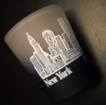 New York City Shot Glass White Manhattan Skyline Colbalt Blue and Frosted Glass - £6.17 GBP