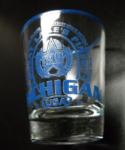 Michigan USA Shot Glass Great Lakes Finest Grand Star Brand Blue on Clear Glass - £5.58 GBP