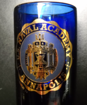 US Naval Academy Annapolis Shot Glass Tall Style Heavy Base Gold on Blue Glass - £6.38 GBP