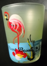 Miami Beach Florida Shot Glass Hand Painted Pink Flamingo Beach on Green Glass - £6.38 GBP