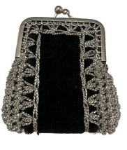 Black Velvet w/ Silver Crochet Coin Purse Vintage Kisslock - £25.51 GBP