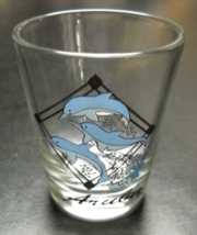 Aruba Shot Glass Dolphins Three Dolphins in Blues White Jumping on Clear Glass - £5.58 GBP
