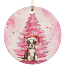 Cute Boston Terrier Puppy Dog Pink Winter Ornament Ceramic Christmas Gift Decor - £11.86 GBP