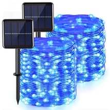2 Pack 100 Blue LED 8 Modes Solar String Lights, 33ft Waterproof Silver Copper  - £12.78 GBP