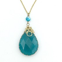FACETED teal stone pendant necklace - brushed gold-tone blue-green 18&quot; chain - £14.15 GBP