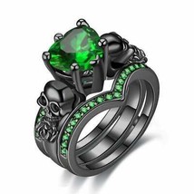 3.6CT Lab Created Heart Green Emerald Skull Bridal Set Ring 14k Black Gold Over - £112.10 GBP