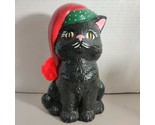 Handpainted Black Cat In Red Christmas Holiday Santa Hat Ceramic 8&quot; Figu... - $35.63
