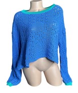 Free People Womens Crochet Open Knit Oversized Relaxed Crop Sweater Blue... - $34.64