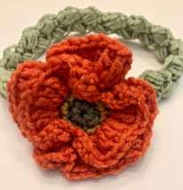 NEW Baby Headband Floral Orange&amp;Green Poppy Handmade Crocheted Fits Baby 6–12mos - £9.34 GBP
