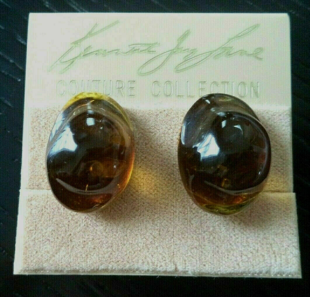 New on Original card Signed Kenneth Jay Lane KJL amber tone clip earrings 7/8" - £31.37 GBP