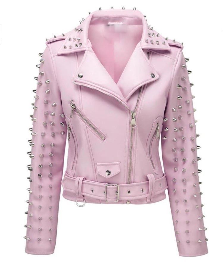 New Woman Baby Pink Full Spiked Studded Brando Punk Cowhide Leather Jacket  2019