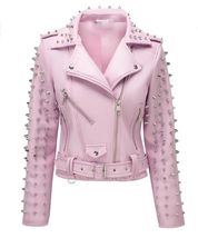 New Woman Baby Pink Full Spiked Studded Brando Punk Cowhide Leather Jack... - $260.99