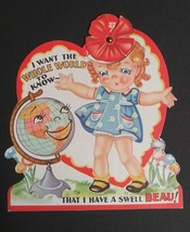 Mechanical Girl in Dress w/ Anthropomorphic Globe Valentines Day Card c1930s  - £15.74 GBP