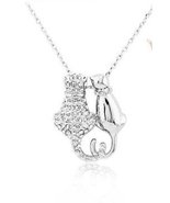 New Crystal Cats Necklace New Pendant Silver Plated Charm Two Cats Heart Cat Kit - $28.70