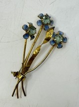 Vintage CORO Sterling Craft Enameled Rhinestone Flower Brooch Pin Gold Tone Blue - £39.57 GBP