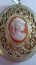 Locket Cameo Vintge Gold Tone 30&#39;S-40&#39;S/Pink 2 &quot; Oval Cameo Pendant Pretty - $27.50