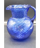 Vtg Art Glass Hand Blown Cobalt Blue Optical Pattern Jug Pitcher 7.5" St... - $49.99
