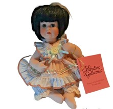 Porcelain Sitting Doll 8 Inch Black Hair Blue Dress Paradise Galleries Small - $22.43
