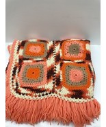 Vintage Granny Square Crocheted Afghan Throw Blanket Peach Brown Fringe ... - $23.75