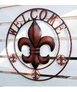 Ebros Large 25&quot; Wide Rustic Fleur De Lis Welcome Sign Metal Circle Wall ... - £42.99 GBP