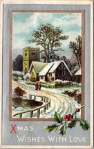 Christmas Embossed Holly Church Snow Covered Trees Posted 1911 Antique Postcard - £5.99 GBP