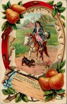Girl Horse Dog Pear Tree Tambourine Border Embossed c1910 Postcard U13 - £7.84 GBP