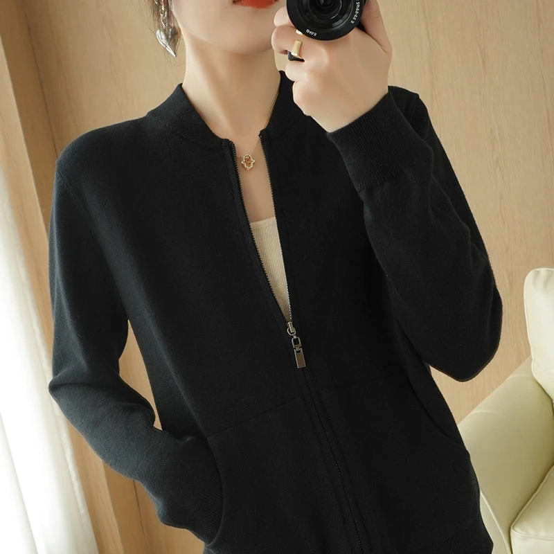 Zipper Cashmere  Cardigan Women Stand-Up Collar Loose  Solid Knit  Jacket Female - £141.52 GBP