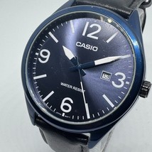 Casio Quartz Watch MTP-1342 Men Blue Aluminum Leather Analog Date New Battery - £21.17 GBP