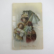 Postcard Happy New Year Victorian Woman &amp; Girl Winter Dress Umbrella Antique - £4.69 GBP