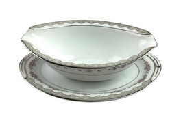 Noritake Gravy w/ Attached Plate Glenwood Pattern Platinum Trim 5770 Vintage - £34.56 GBP