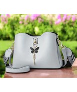 &quot;Elegant White Faux Leather Shoulder Bag with Black Butterfly Charm - St... - $30.99