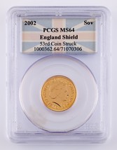 2002 England Shield Gold Souverän Ausgewählten Von PCGS As MS-64 (53rd M... - $1,332.93