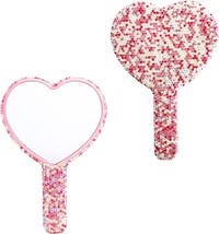 Wowagoga Sparkling Rhinestone Heart Shaped Handheld Mirror Heart Mirror, Pink - £31.85 GBP